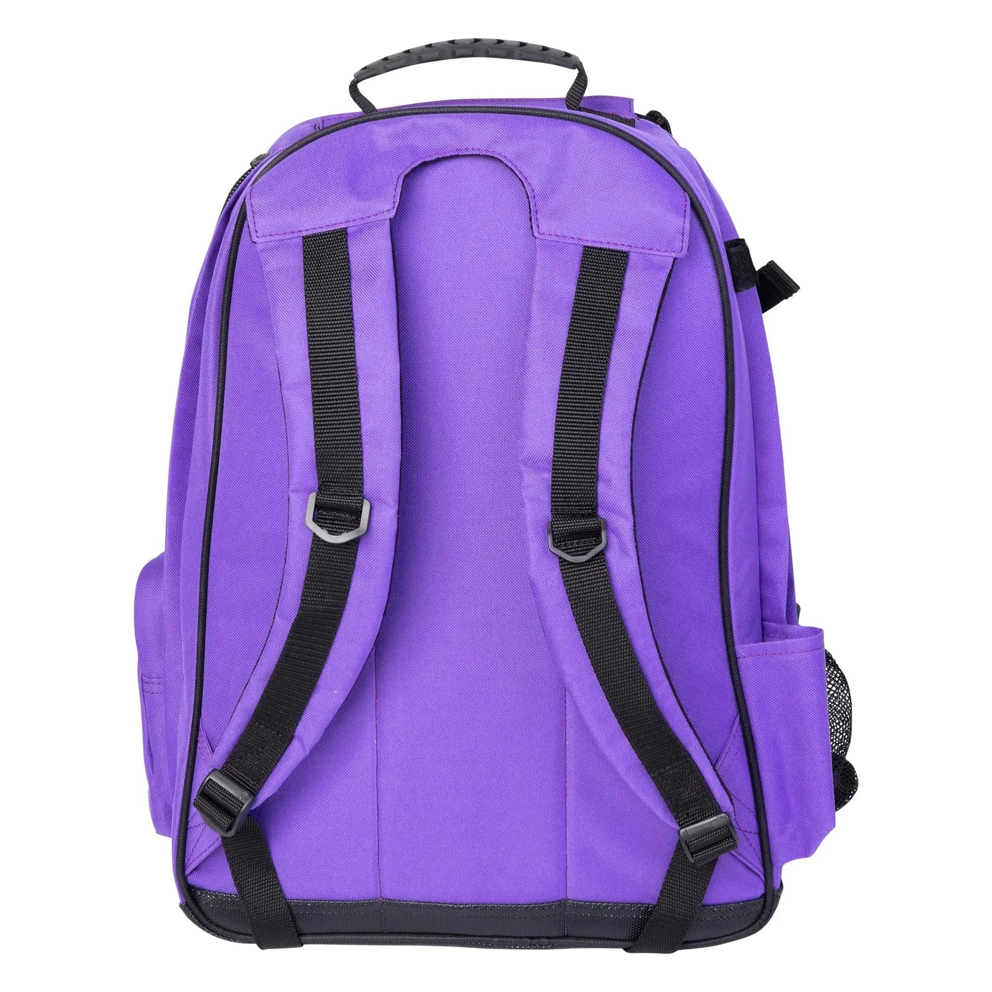 Purple backpack with black straps on a white background