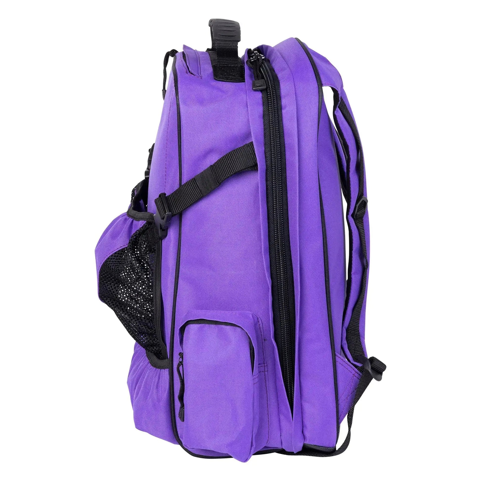 Purple backpack with black straps and zippers on a white background