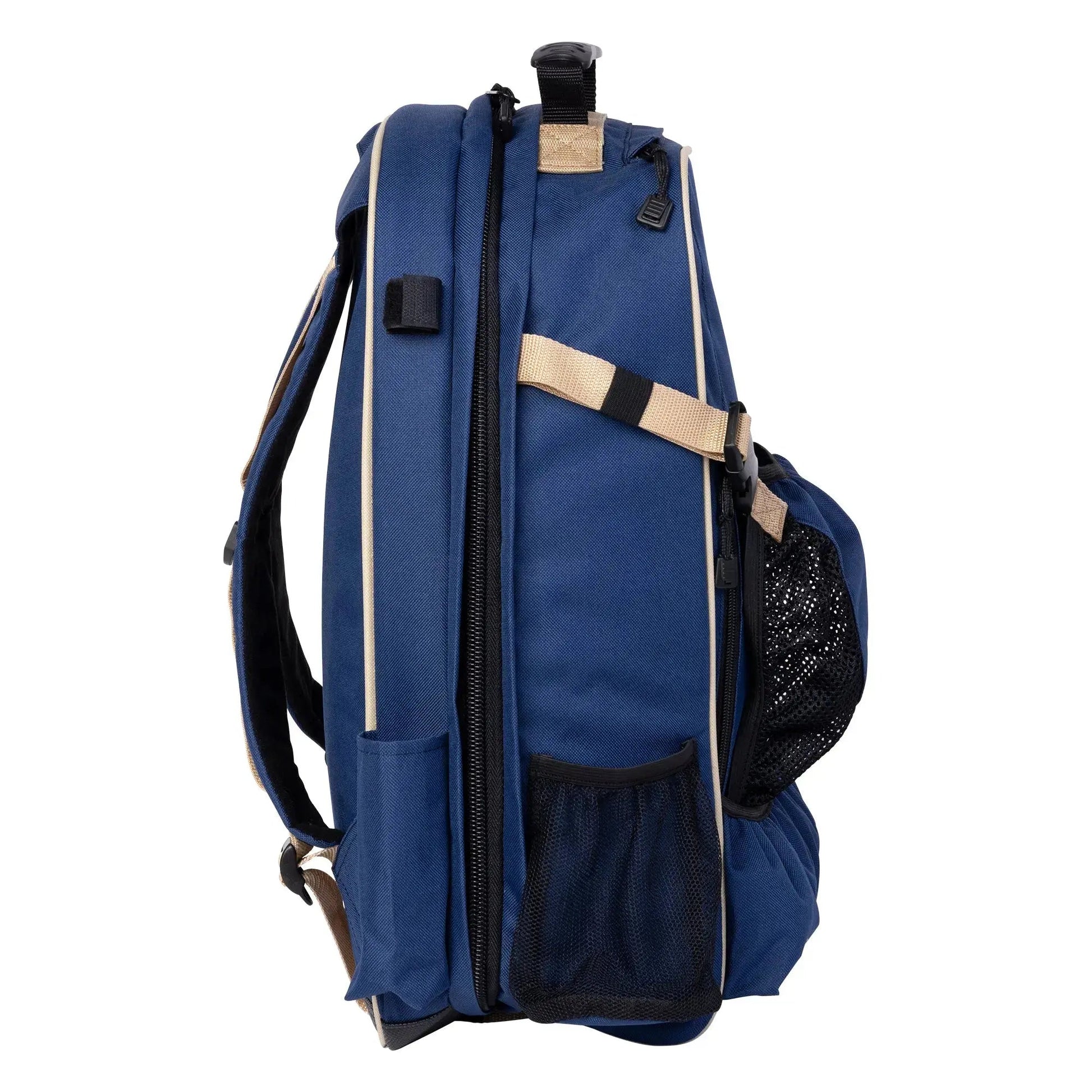Blue backpack with black accents on a white background