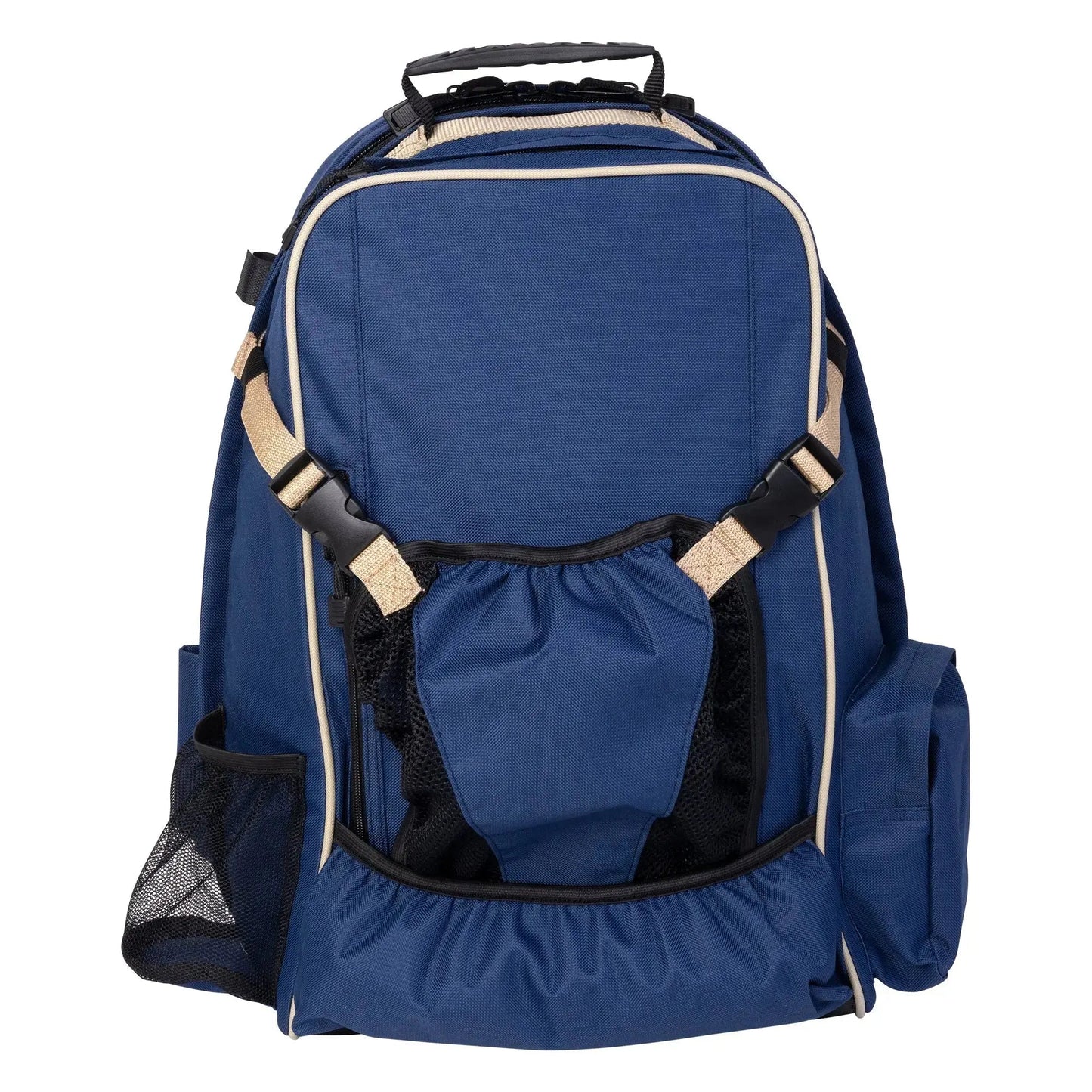 Blue backpack with beige accents on a white background