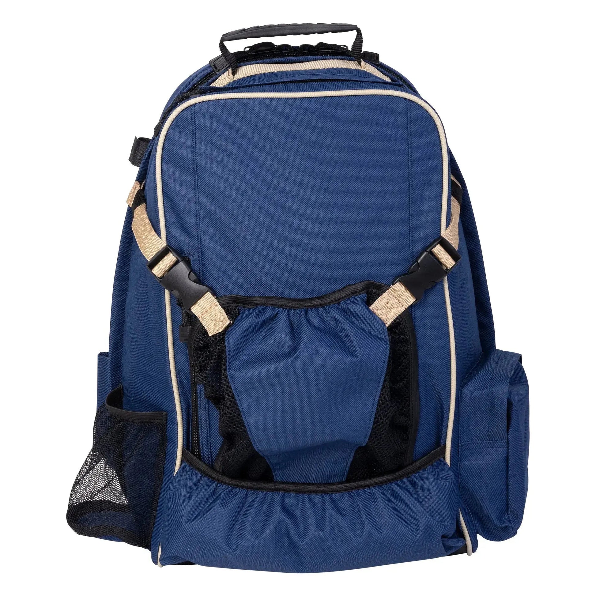Blue backpack with beige accents on a white background