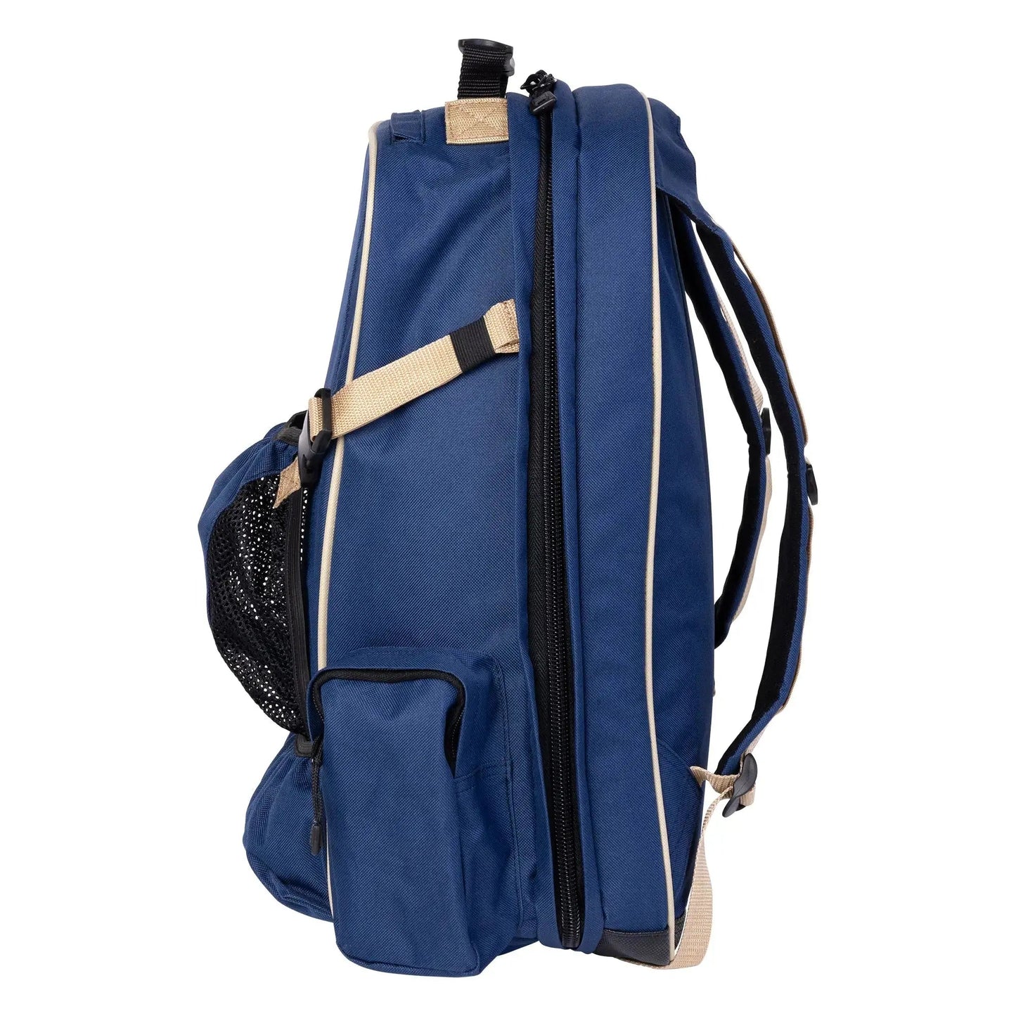 Blue backpack with beige straps on a white background