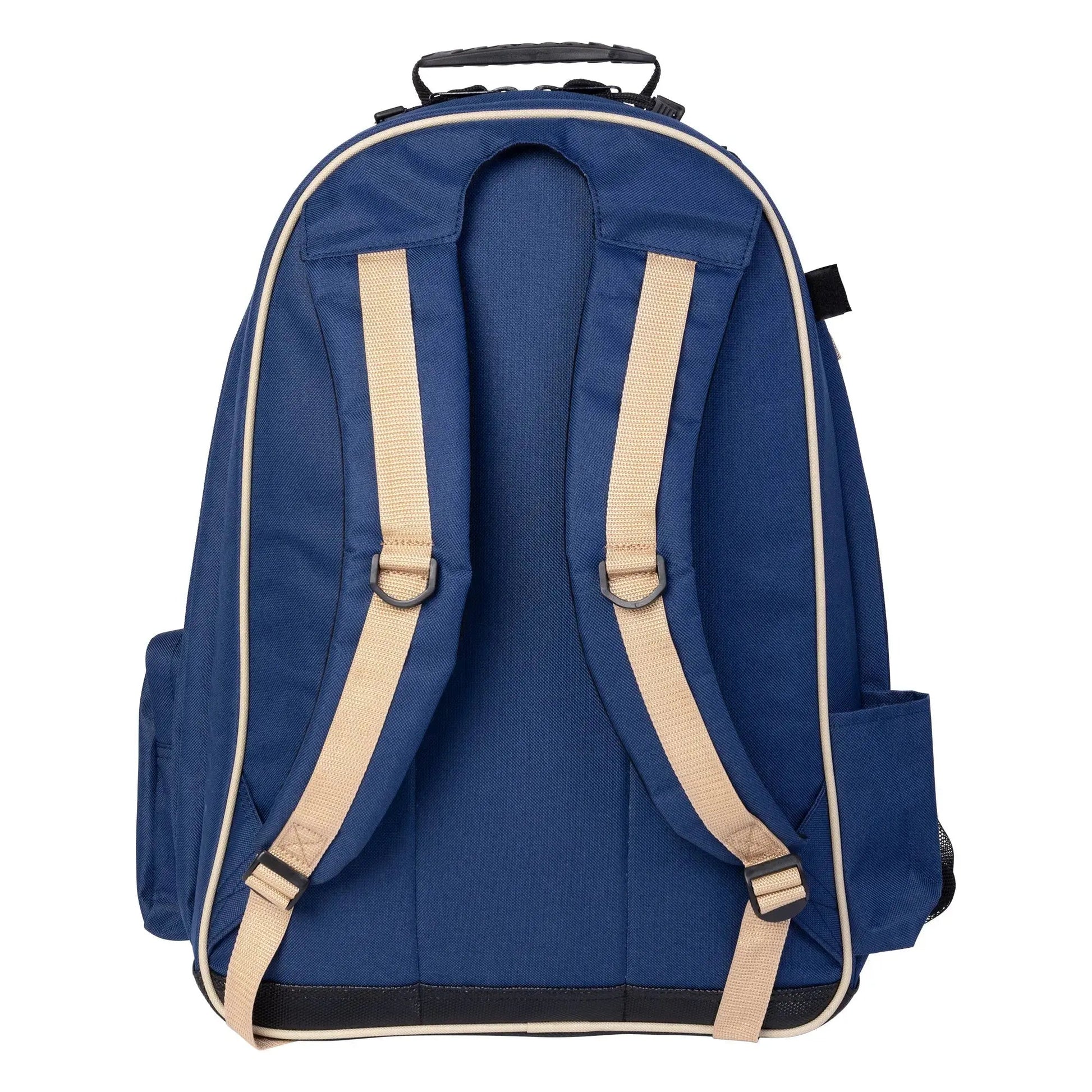 Blue backpack with beige straps on a white background