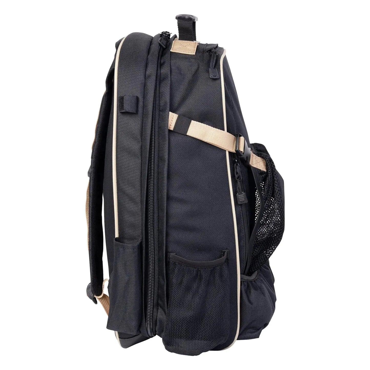 Black backpack with beige accents on a white background