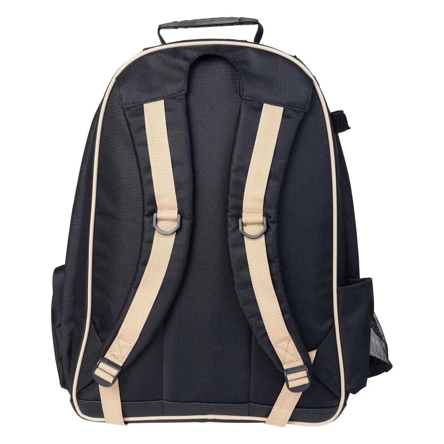Black backpack with beige straps on a white background
