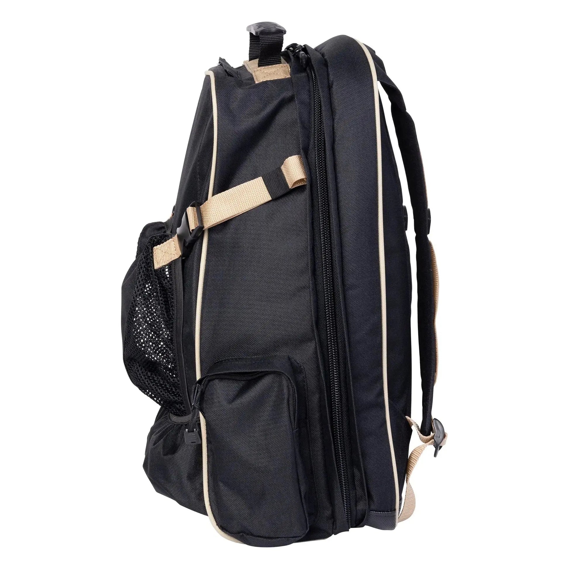 Black backpack with beige accents on a white background