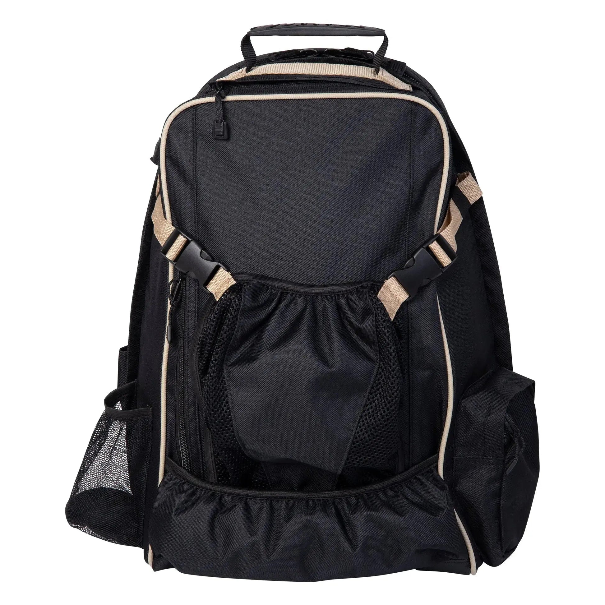 Black backpack with beige accents on a white background
