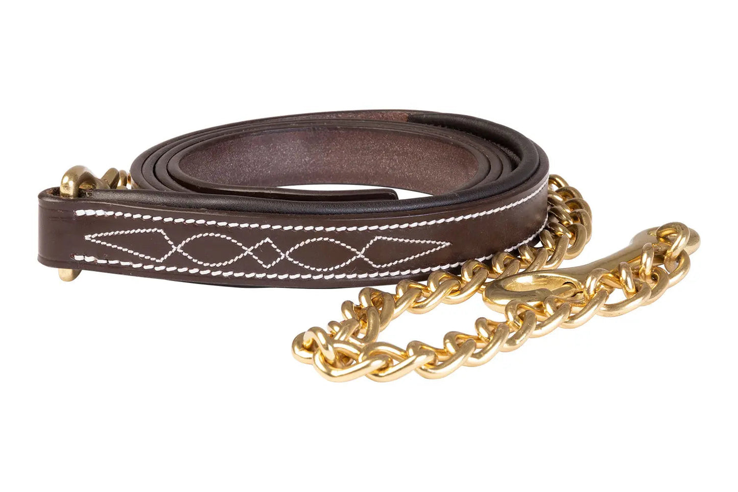 brown horse lead with gold chain