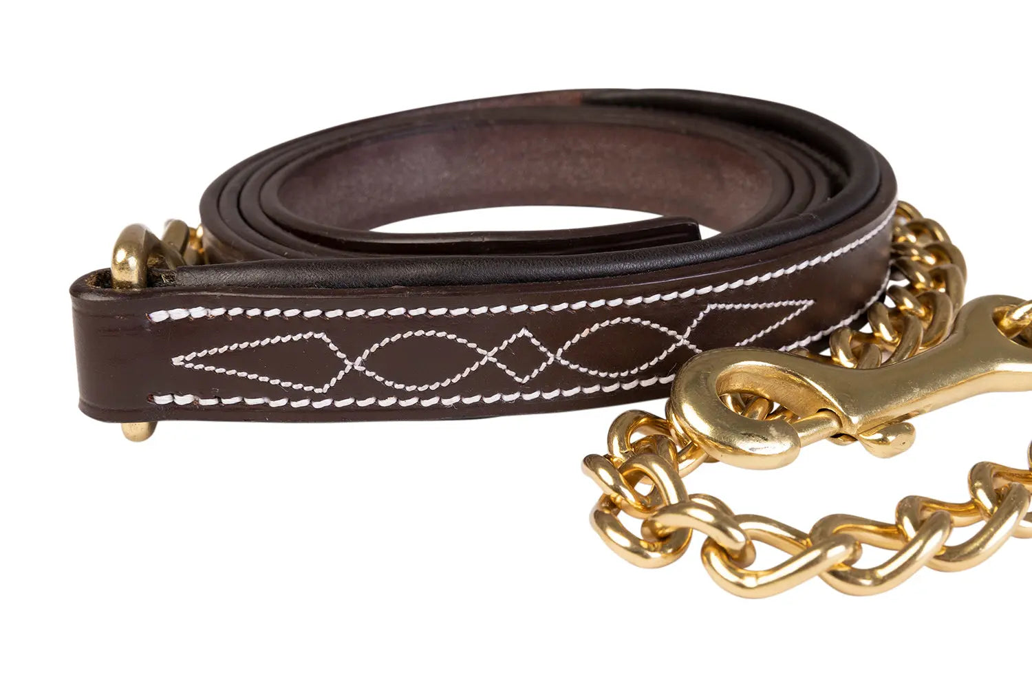 brown horse lead with gold chain