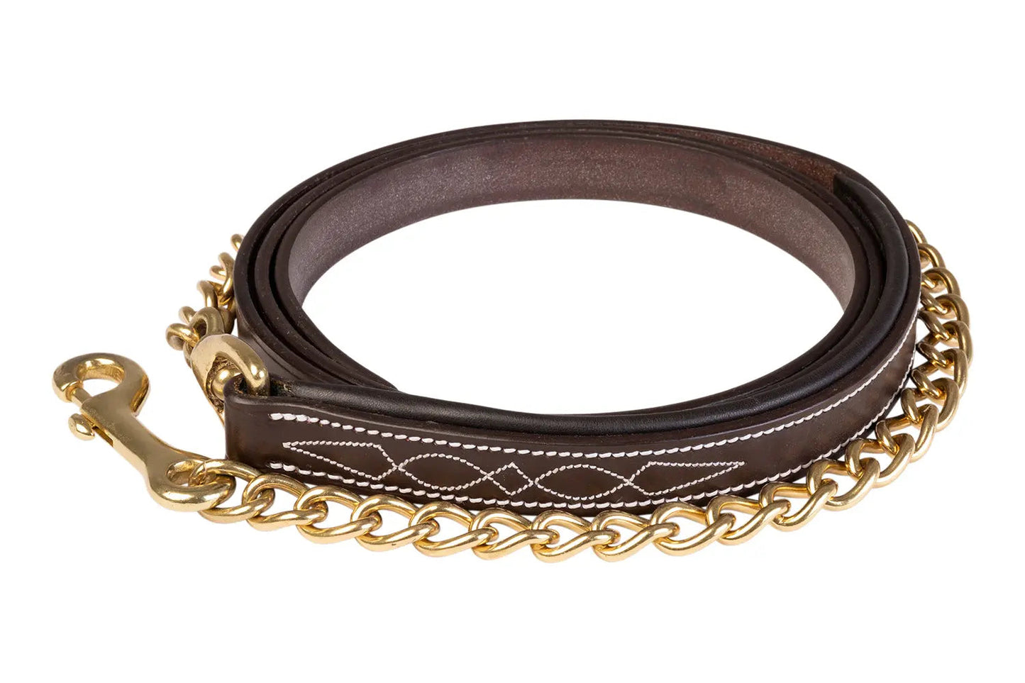 brown horse lead with gold chain