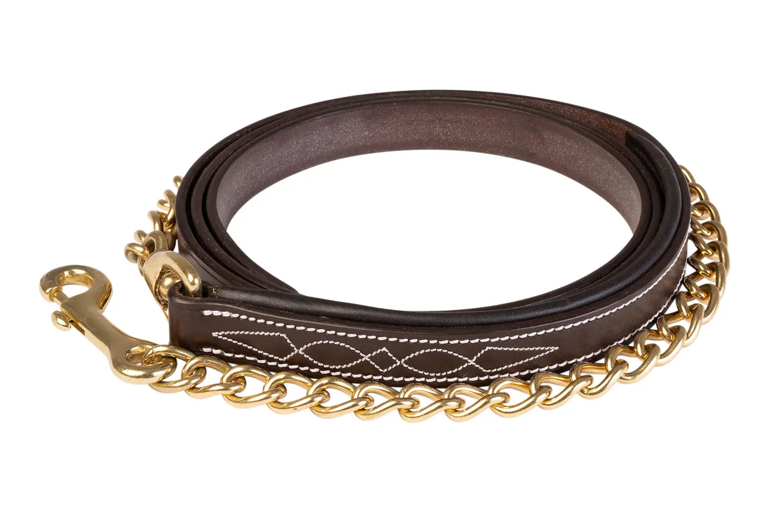 brown horse lead with gold chain