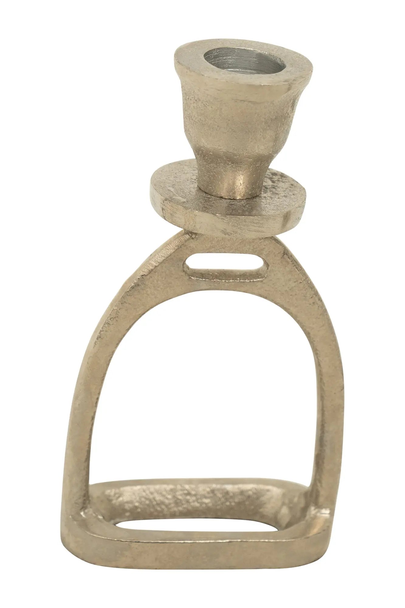 Decorative candle holder made from a metal stirrup on a white background