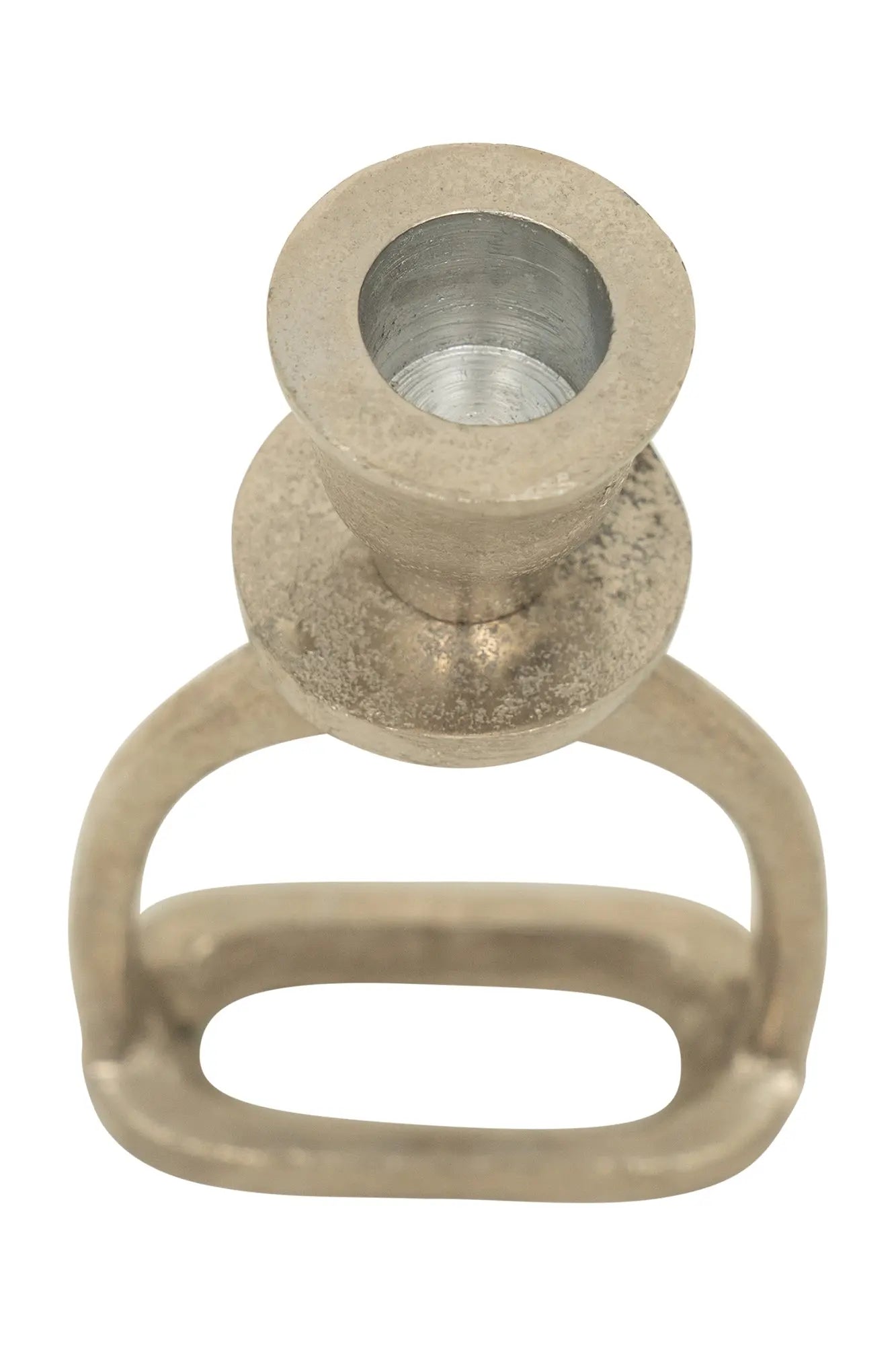 Metallic candle holder with a handle on a white background