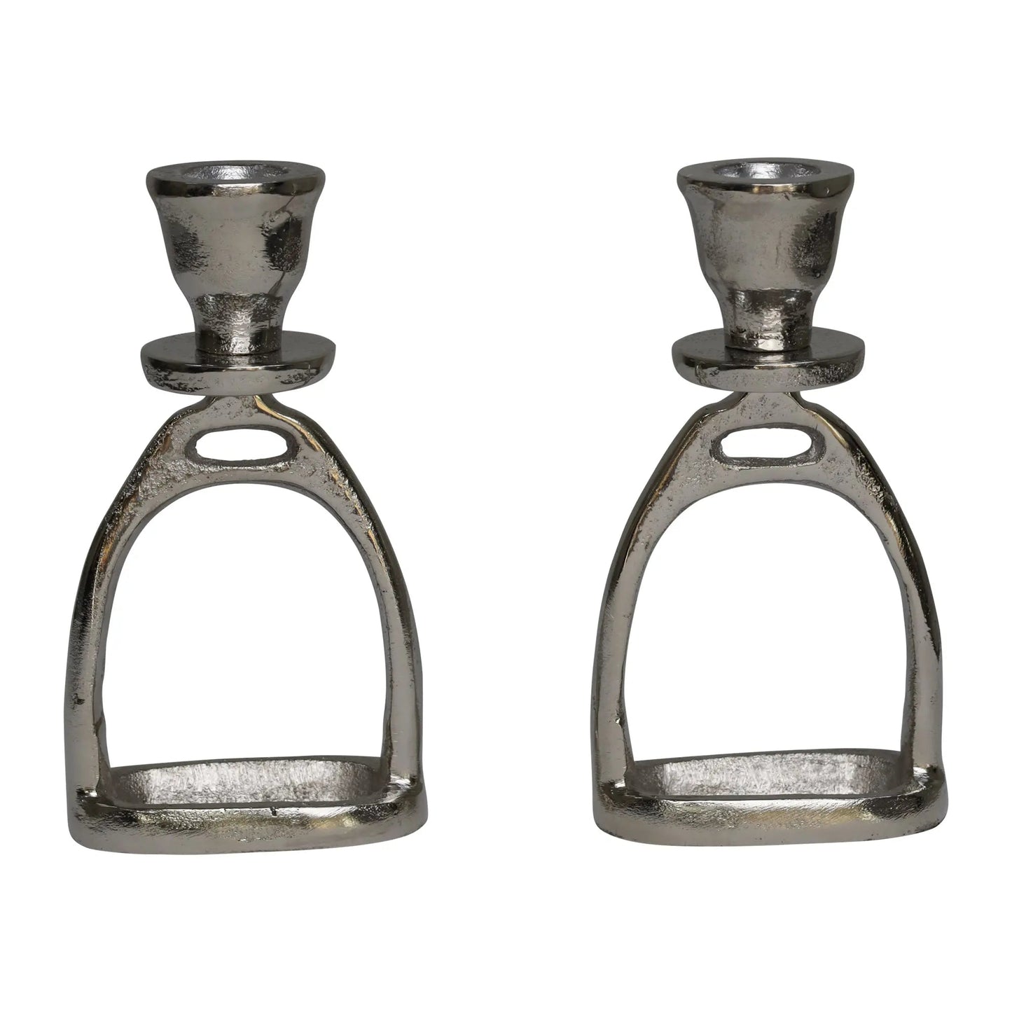 Two metallic candle holders shaped like horse stirrups on a white background