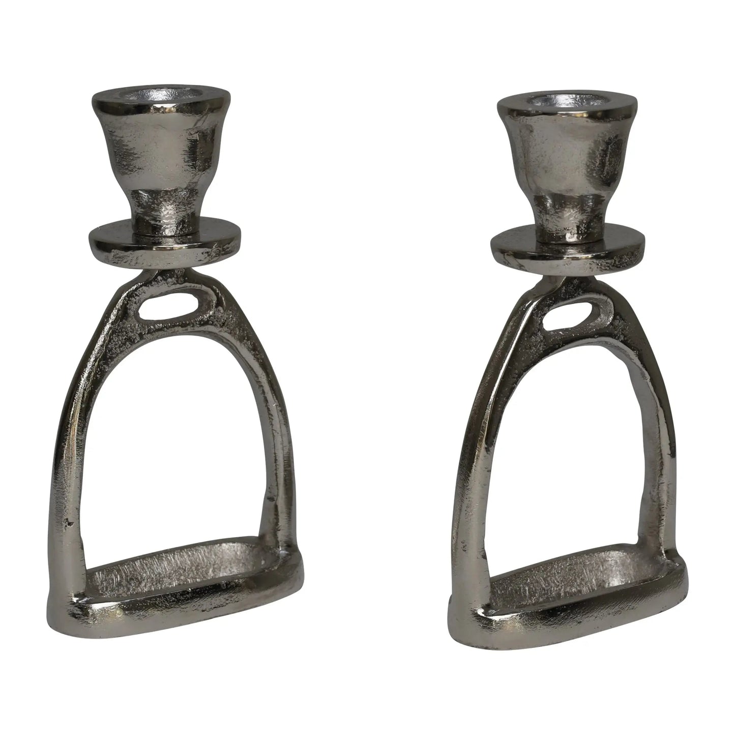 Two metallic candle holders shaped like horse stirrups on a white background