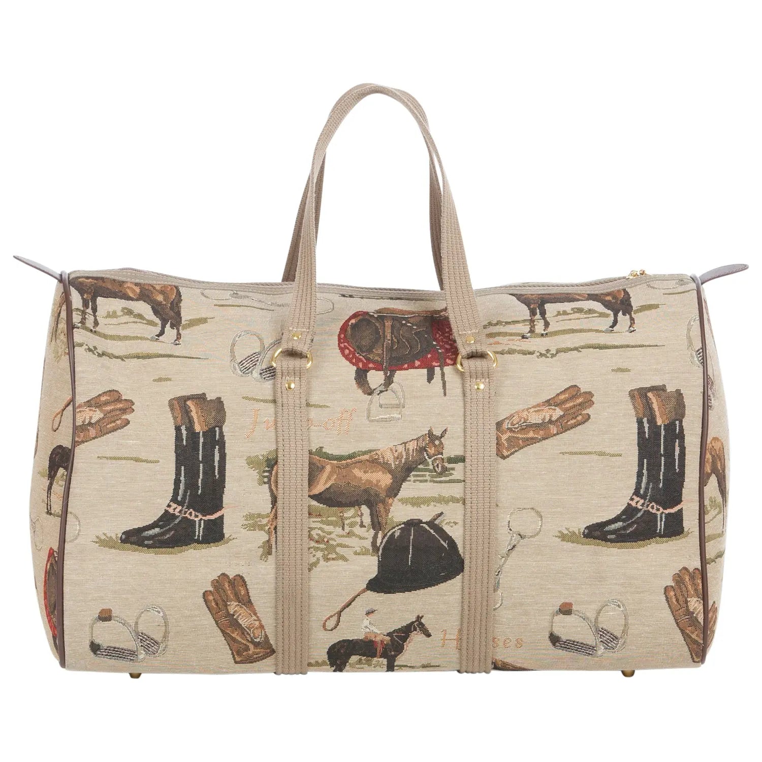 Travel bag with equestrian pattern on a white background