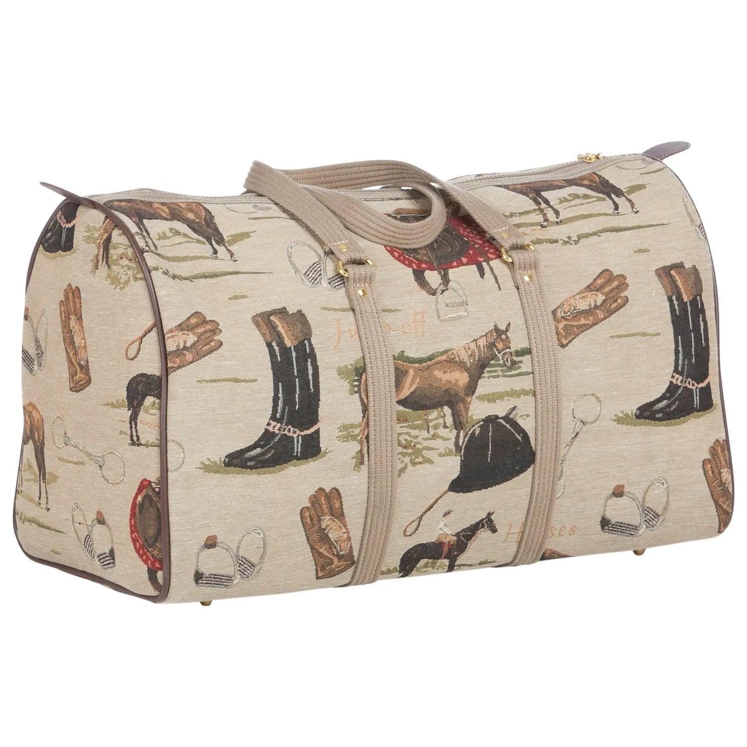 Duffle bag with equestrian pattern on a white background