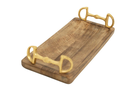 Wooden tray with gold metal handles on a white background