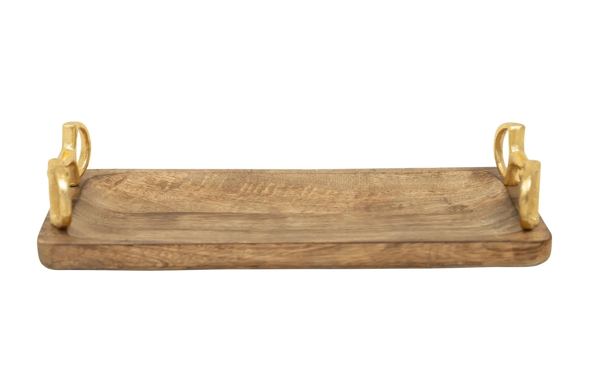 Wooden tray with gold handles on a white background