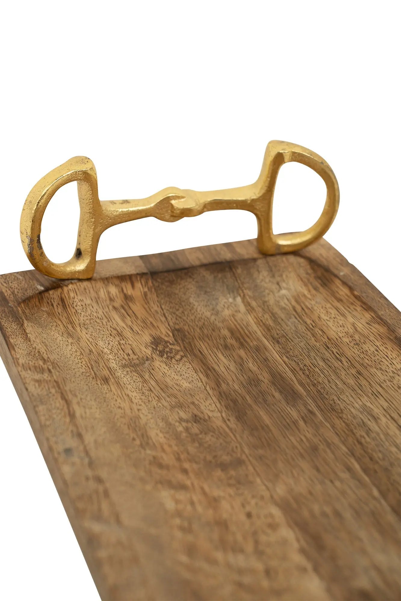 Wooden tray with a gold horse bit handle on a white background