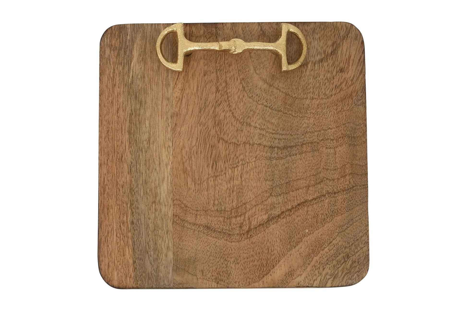 Wooden tray with a brass horse bit design on a white background
