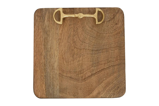 Wooden tray with a brass horse bit design on a white background