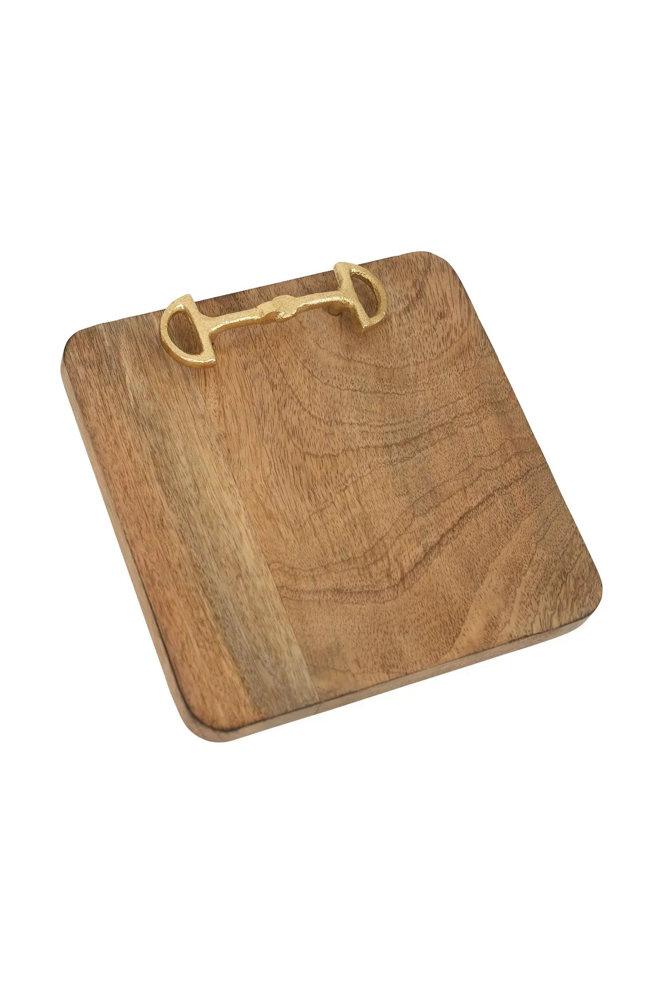 Wooden tray with a brass horse bit design on a white background