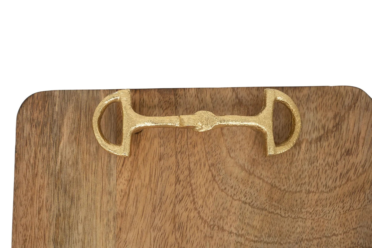 Wooden tray with a brass horse bit design on a white background