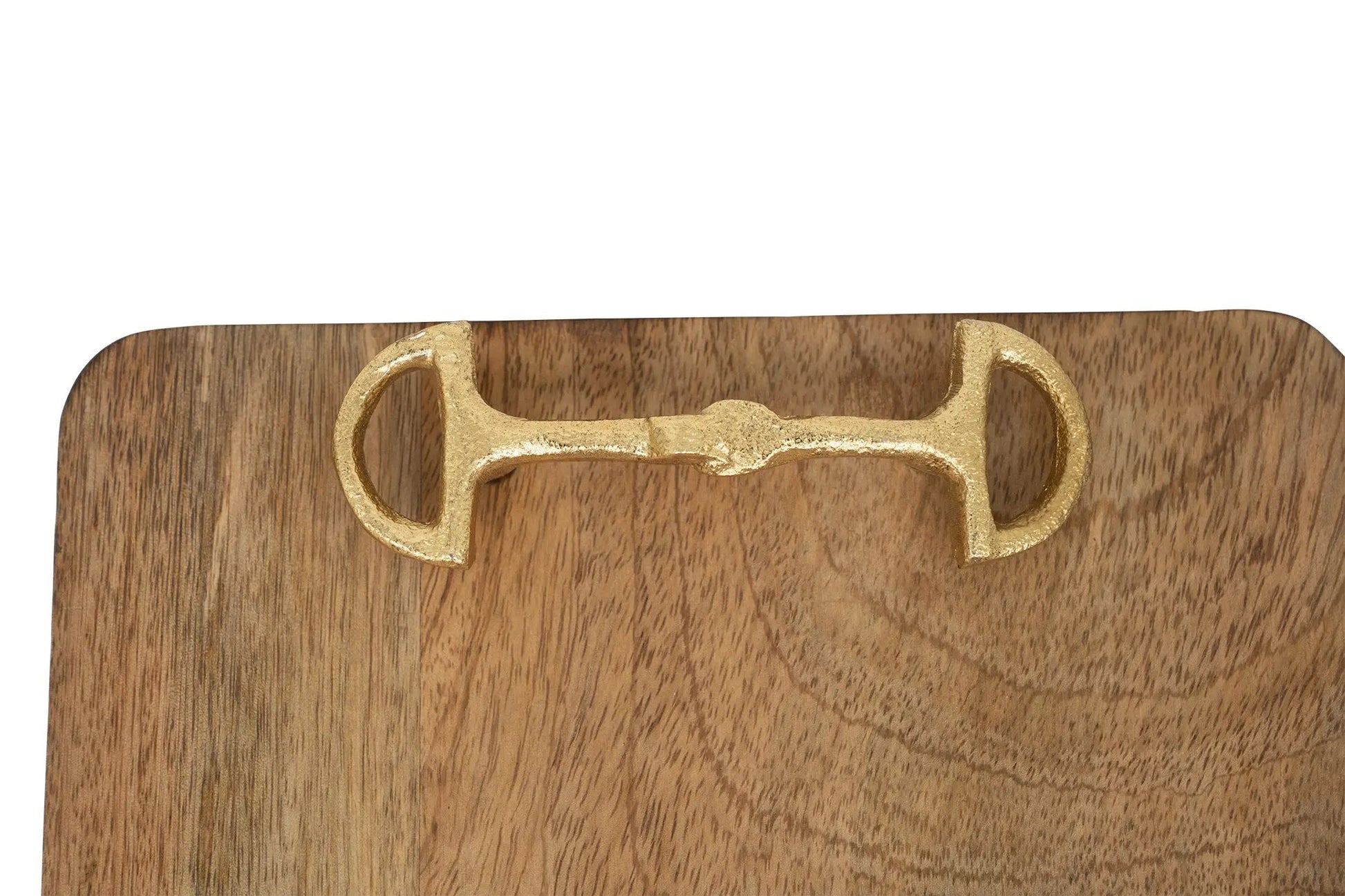 Wooden tray with a brass horse bit design on a white background