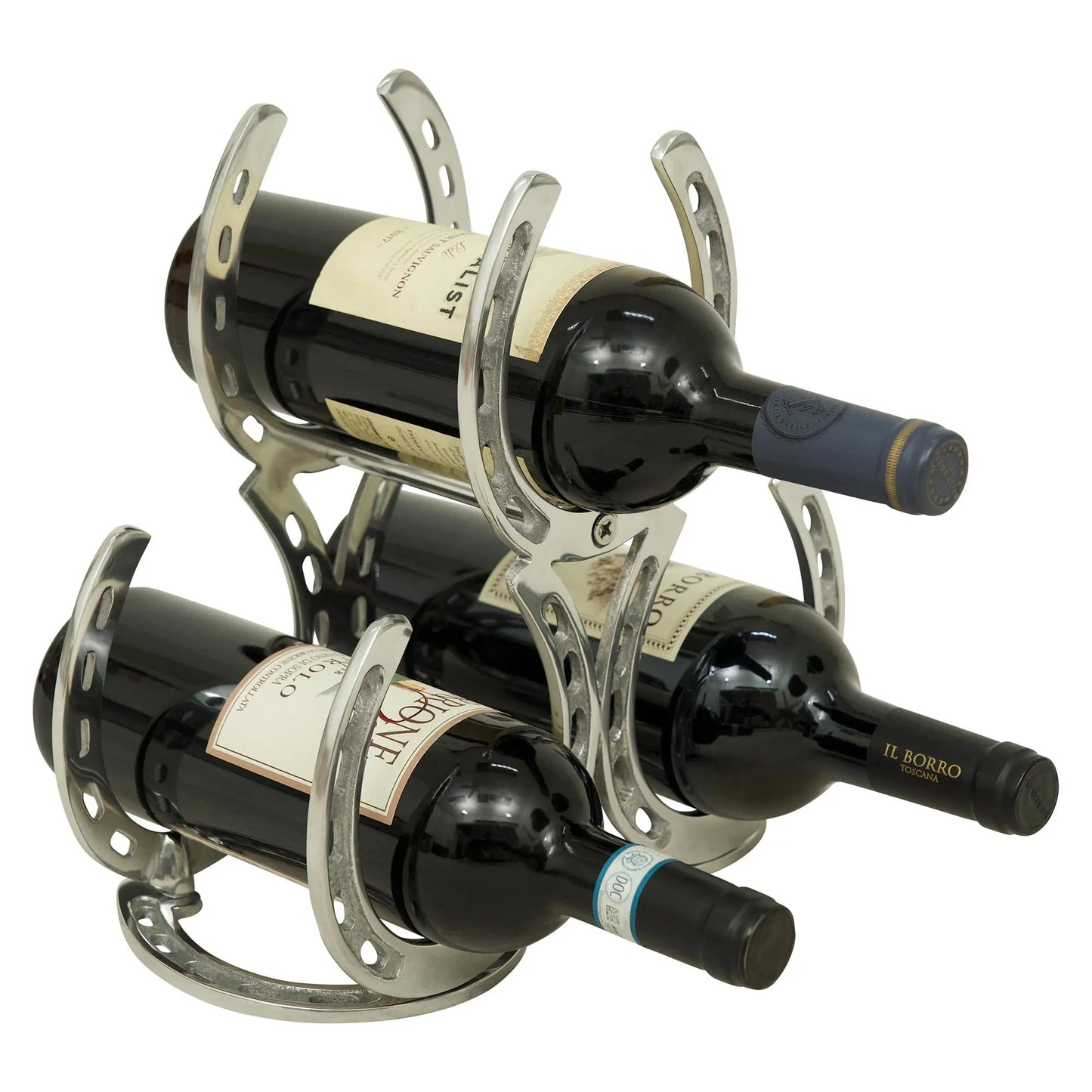 Wine bottle holder made from horse shoes holding three wine bottles on a white background