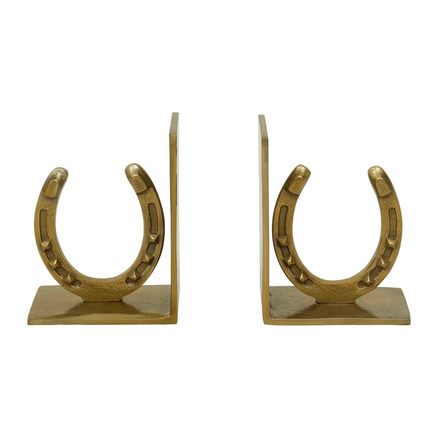 Pair of gold horseshoe bookends on a white background