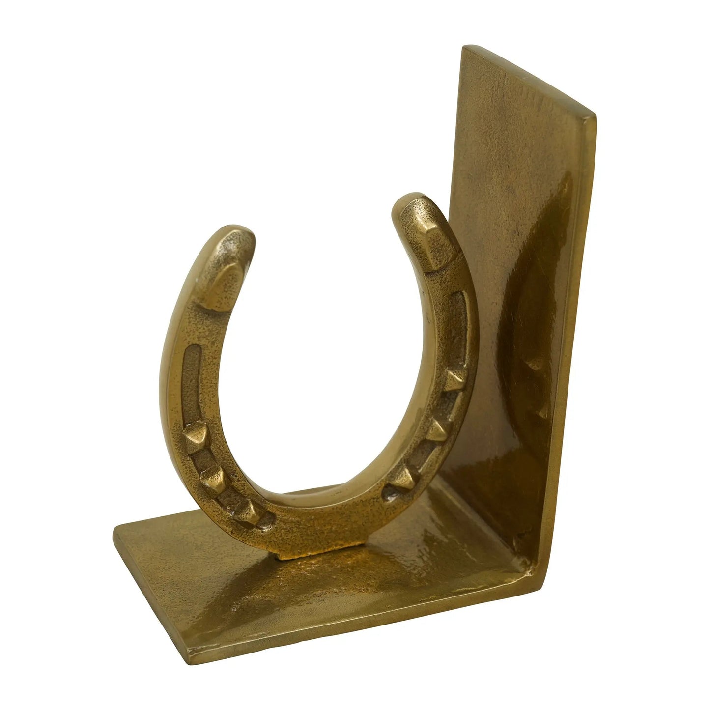Brass bookend with horseshoe design on a white background