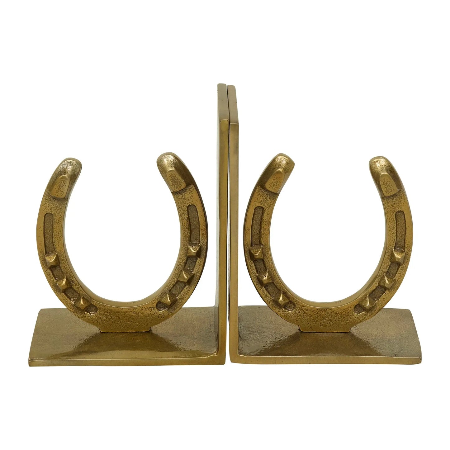 Pair of gold horseshoe bookends on a white background