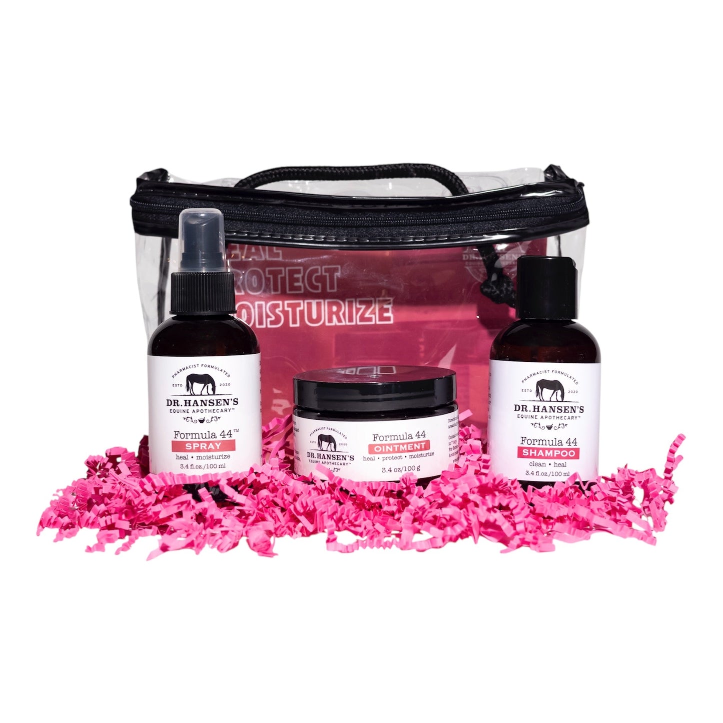 Dr. Hansen's pet care product set with a clear bag on a white background