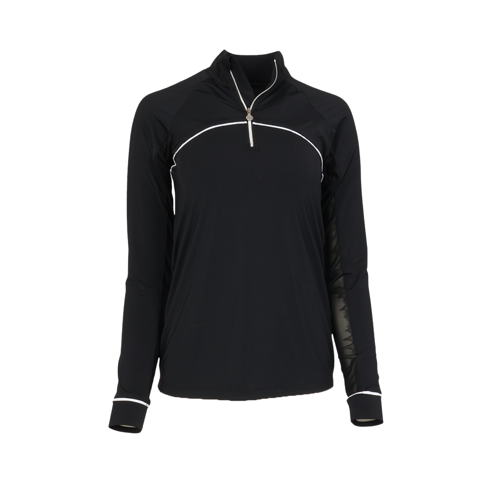 Black long-sleeve riding pullover with white accents 