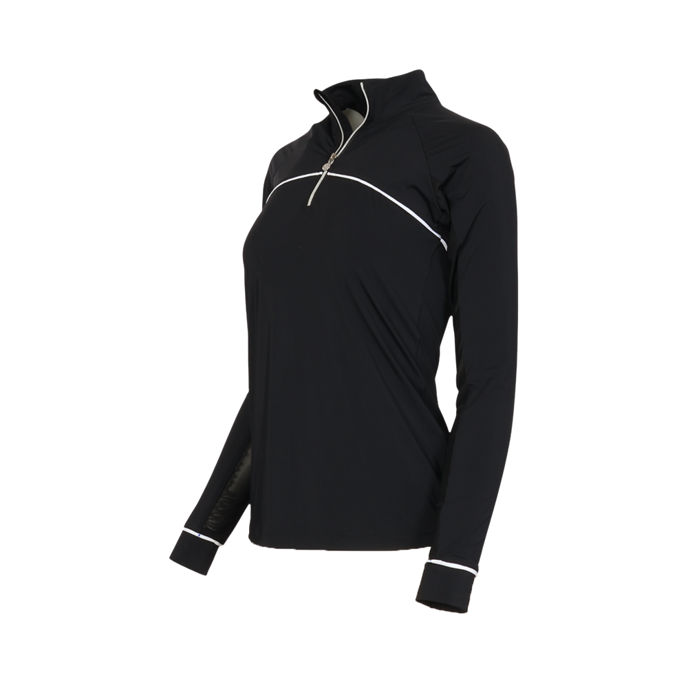 Black long-sleeve riding pullover with white accents 