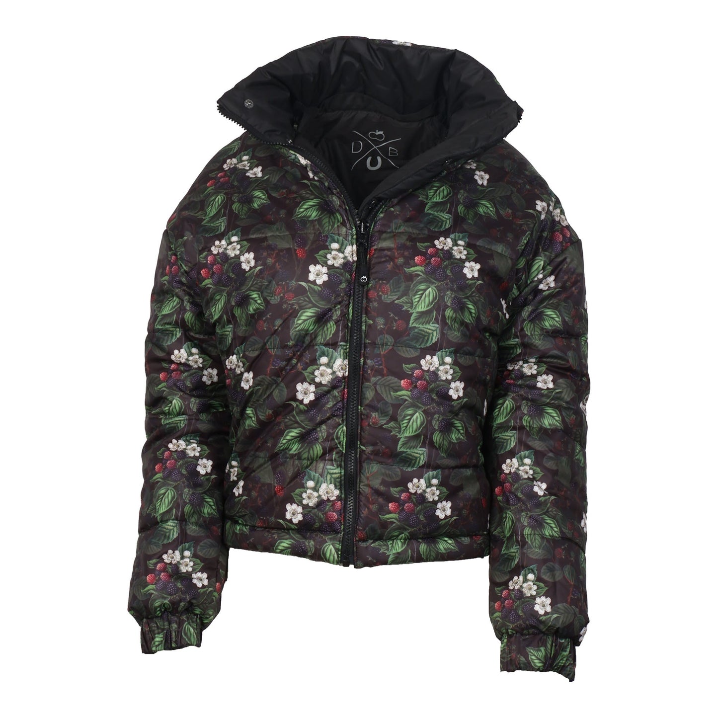 Floral-patterned jacket with a black hood on a white background