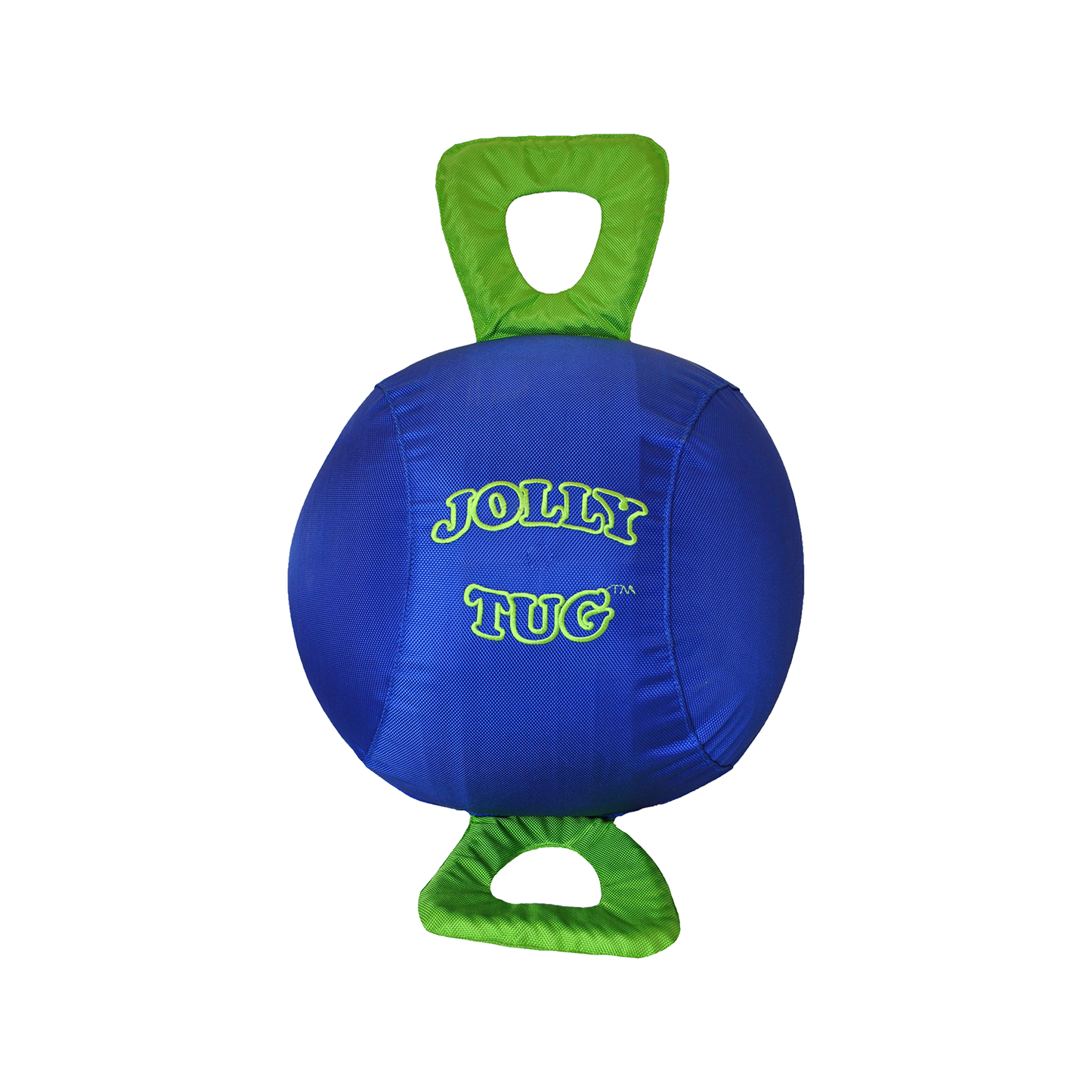 Blue and green Jolly Tug toy on a white background