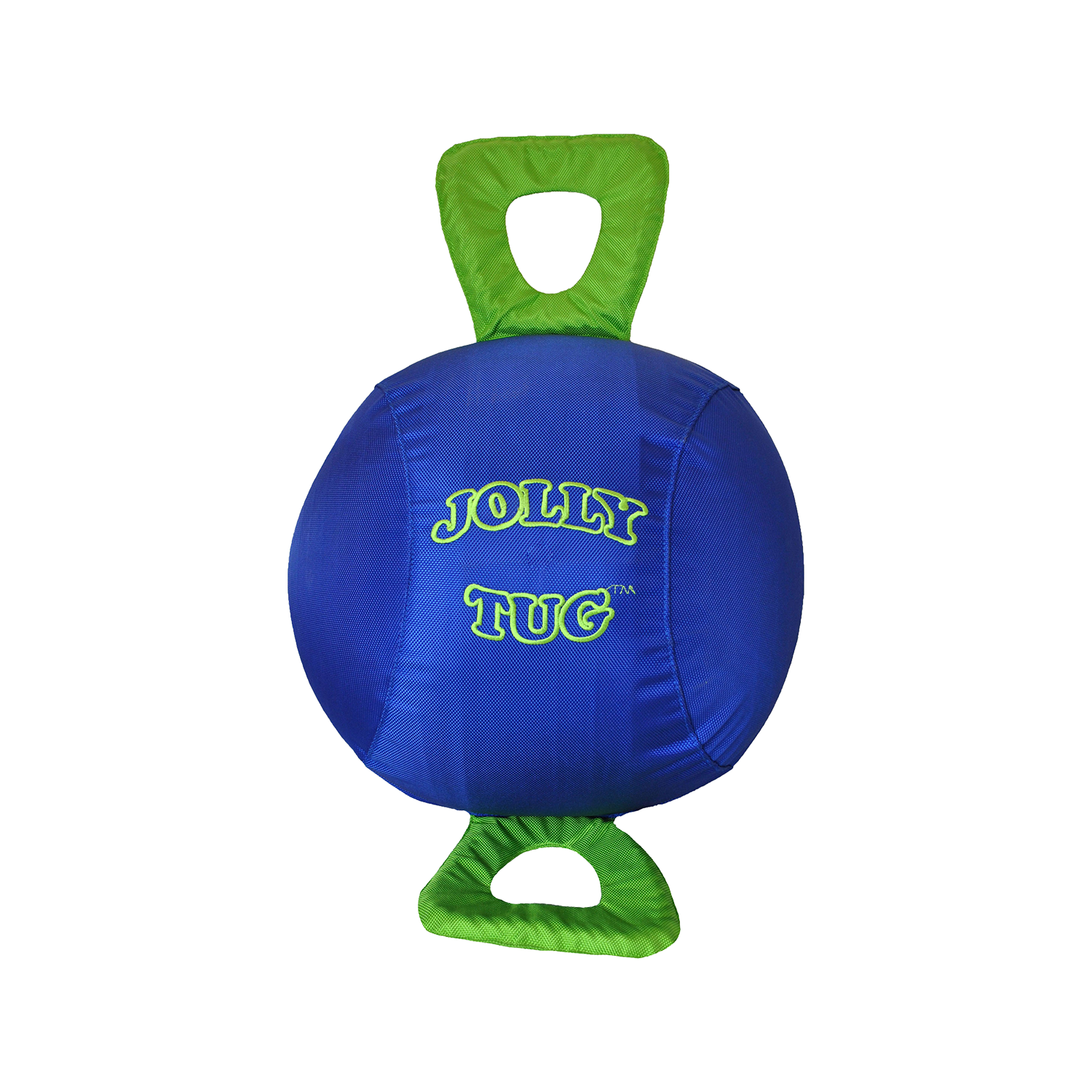 Blue and green Jolly Tug toy on a white background