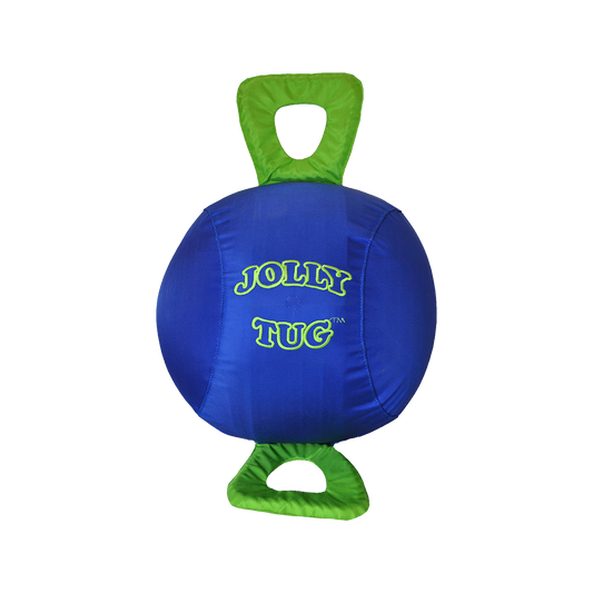 Blue and green Jolly Tug toy on a white background