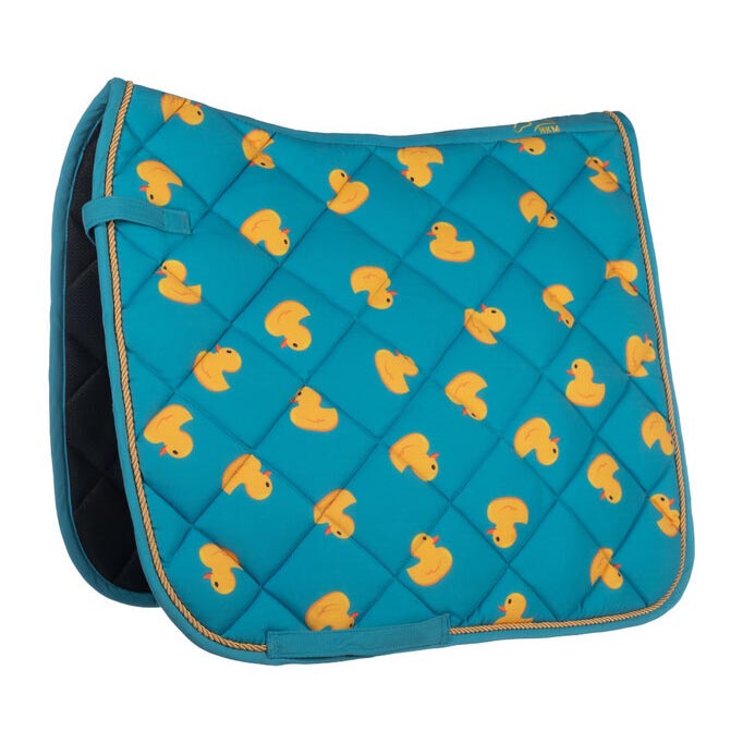 Teal saddle pad with yellow duck pattern on a white background