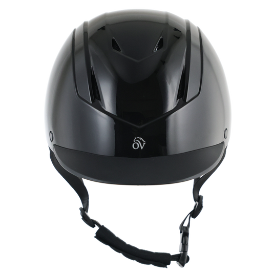 Black riding helmet with a brand logo on a white background