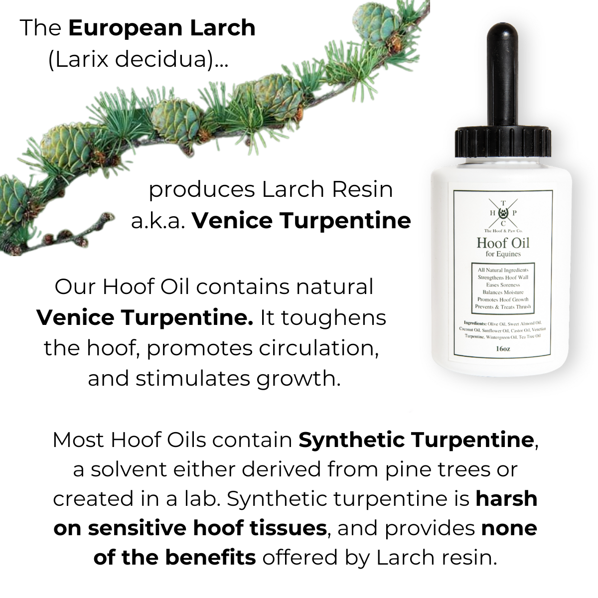 Hoof oil bottle with text about Larch resin and synthetic turpentine