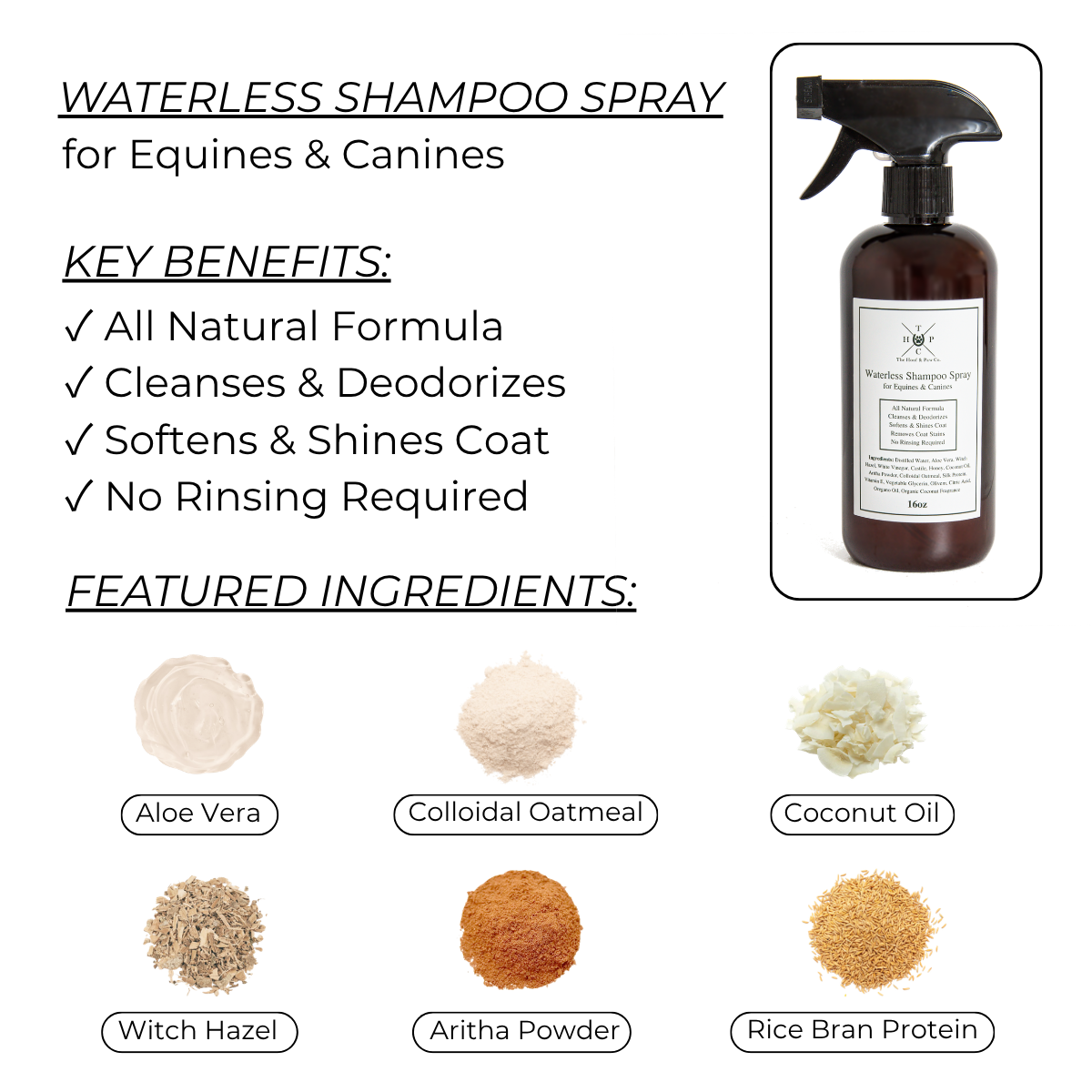 Waterless Shampoo Spray for Equines & Canines with key benefits and featured ingredients listed.