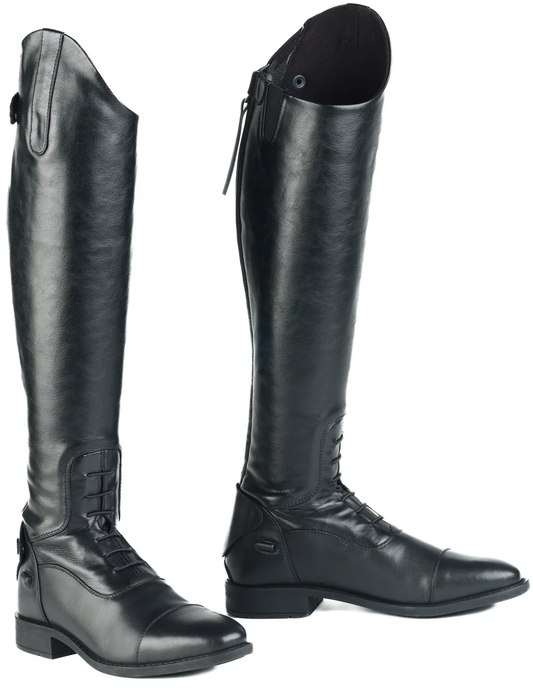 Pair of black riding boots on a white background