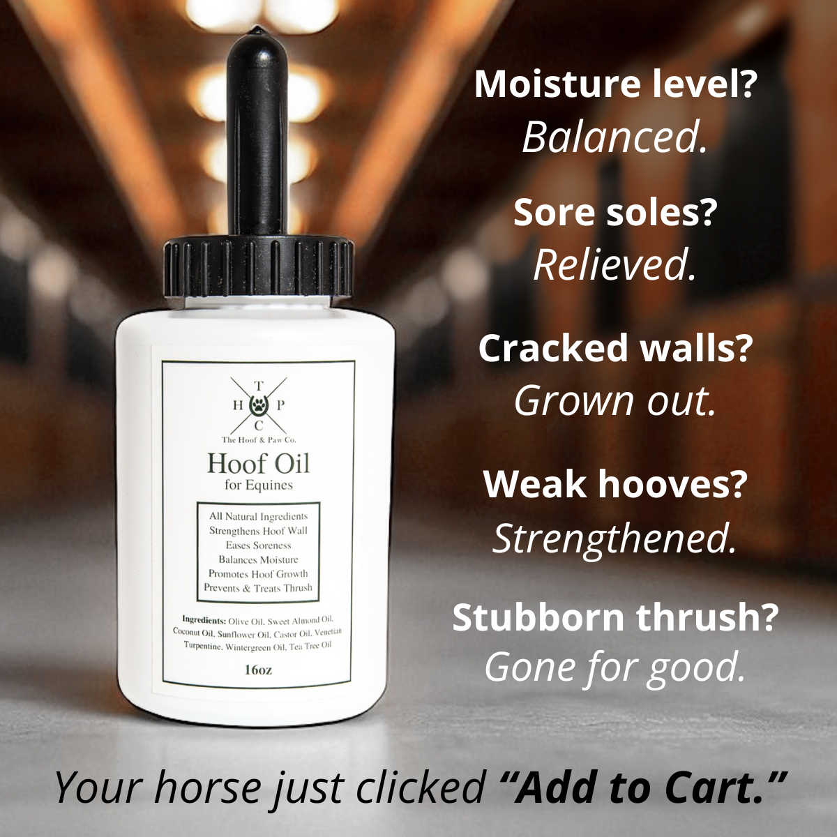 Hoof oil bottle with text highlighting its benefits for horses on a blurred background