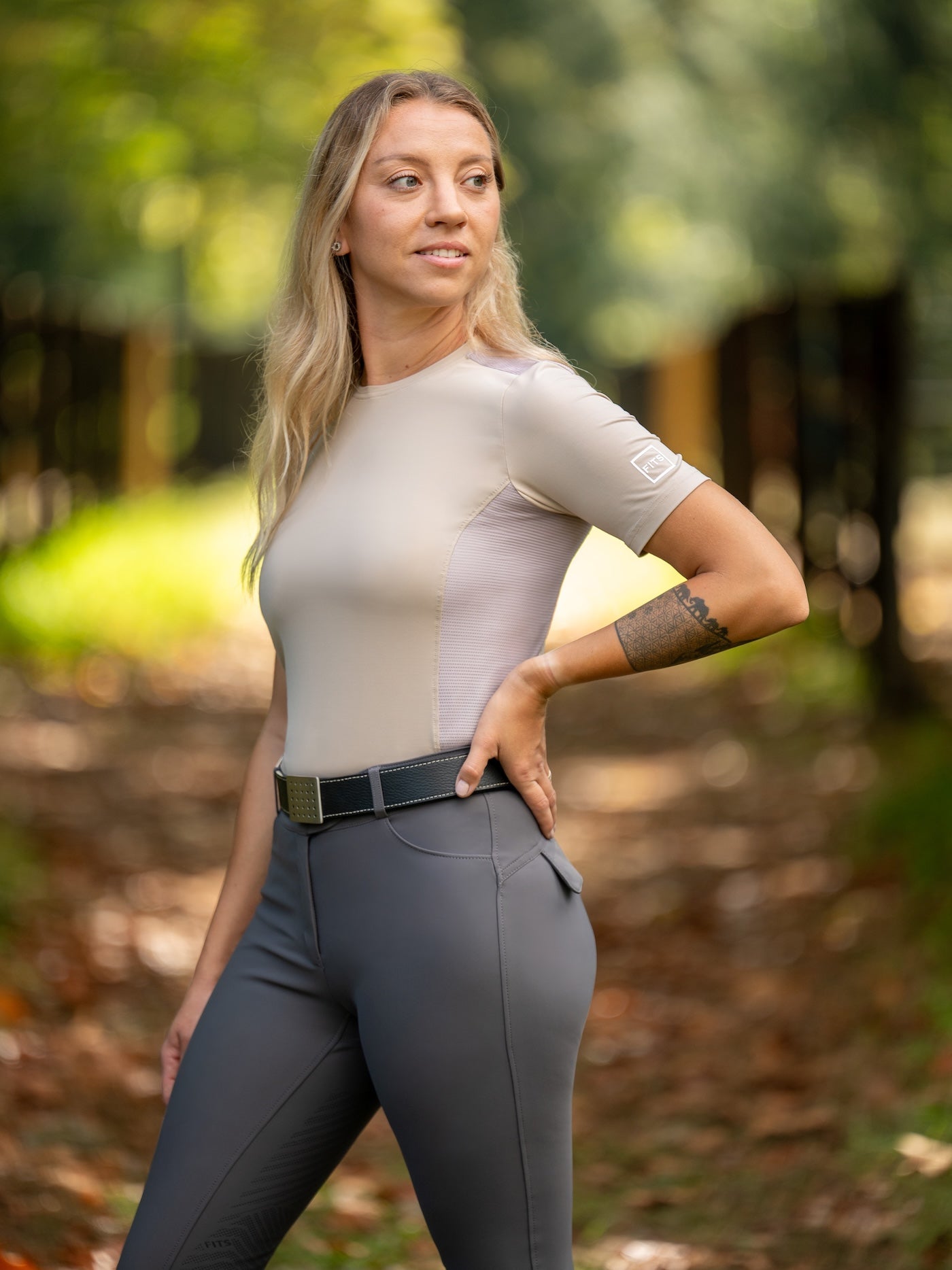 beige short sleeve riding shirt
