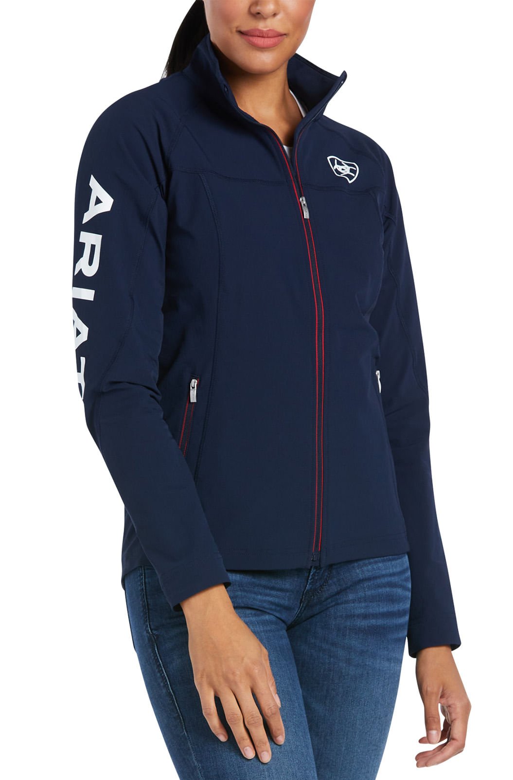 blue jacket with red trim