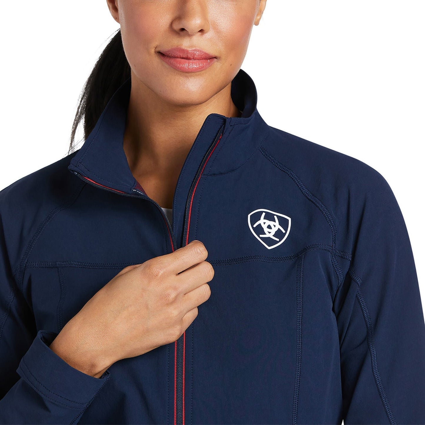 blue jacket with red trim