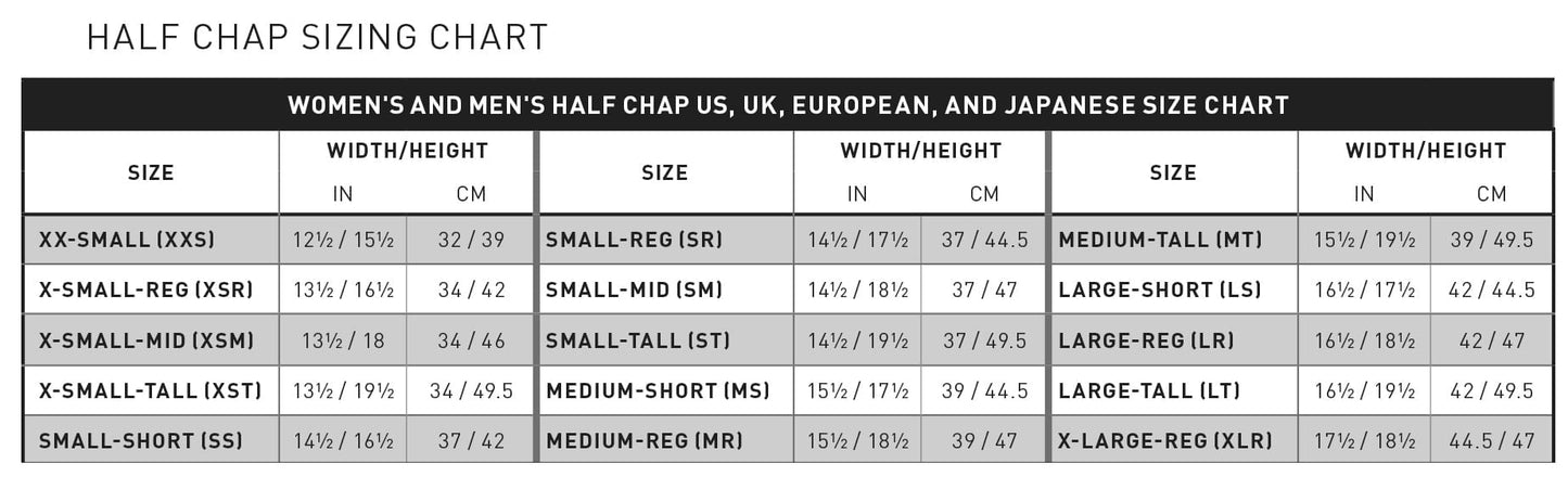 half chap size chart
